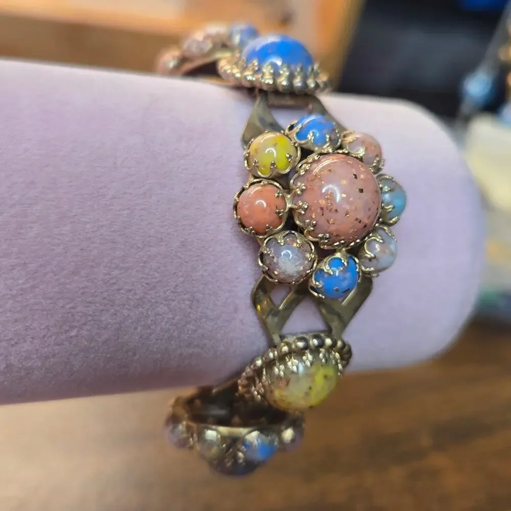 Vintage Victorian Revival Jeweled Link Panel Bracelet Gold Tone Pastel Cabochon